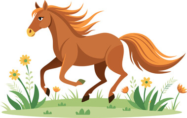Vector illustration of a brown horse running in a meadow with flowers and green grass