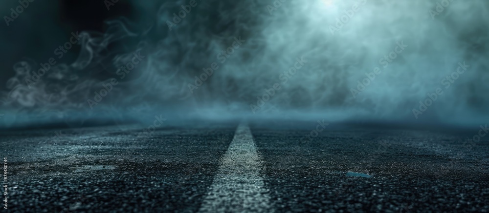 Poster Abstract dark textured asphalt with smoke on a deserted street, creating a mysterious ambience against a light night background with copy space image.