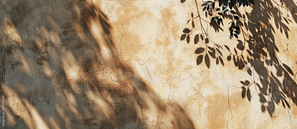 Aufkleber Brown concrete wall with irregularities cast abstract shadows of tree leaves, creating a trendy, nature-themed background suitable for text overlay or poster mockup with copy space image.