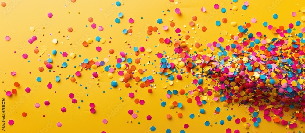 Poster colorful confetti on a yellow surface creates a festive flat lay scene with copy space image.