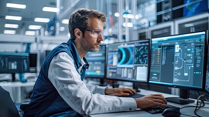 A technician using sophisticated software to control and optimize robotic processes.