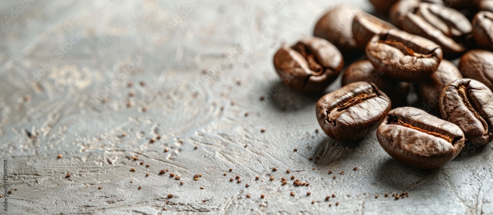 Poster Close-up shot of a textured pile of roasted coffee beans against a neutral background, perfect for adding text with copy space image suitable for coffee house branding.