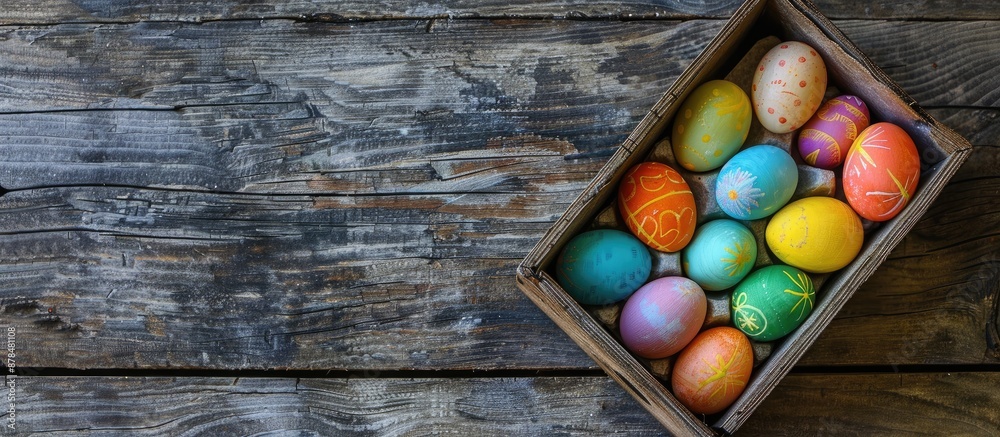 Aufkleber Easter eggs displayed in a box on a wooden surface, perfect for featuring text or images. image with copy space