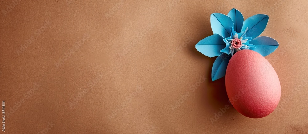 Poster easter concept background showing a pink egg adorned with a blue paper flower against a brown paper 