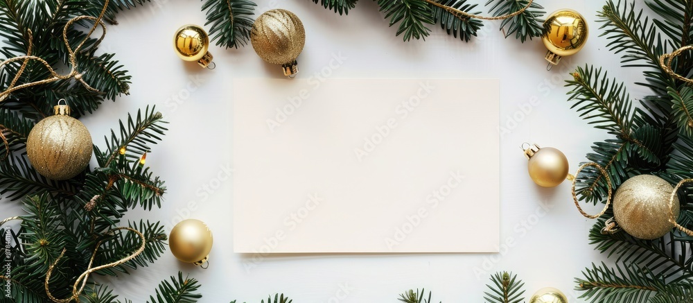 Poster Christmas-themed setup featuring a blank paper surrounded by Christmas tree branches and golden ornaments on a white backdrop, ideal for top-view photography with copy space image in a square format.