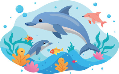 Fototapeta premium Colorful underwater scene with dolphins and fish in an aquatic cartoon illustration