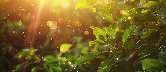 Copy space image featuring blurred foliage and vibrant sunlight, ideal for text or advertising.