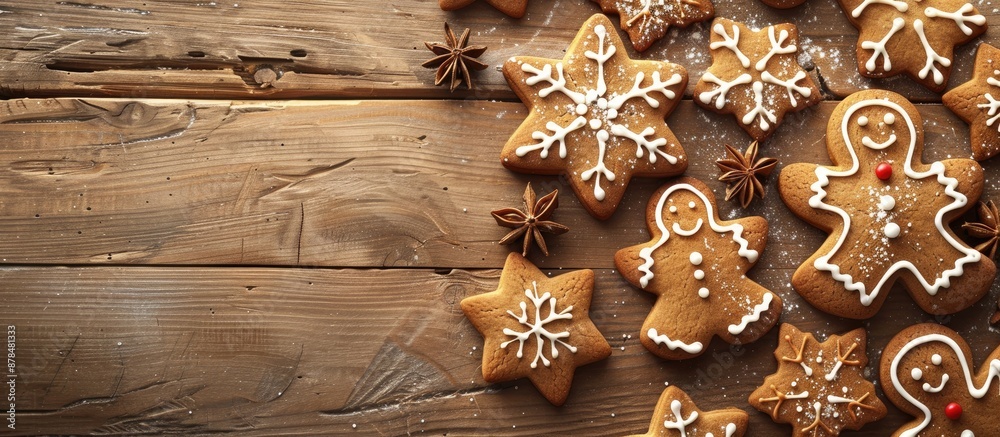 Poster Delicious gingerbread cookies displayed on a rustic wooden backdrop with copy space image.