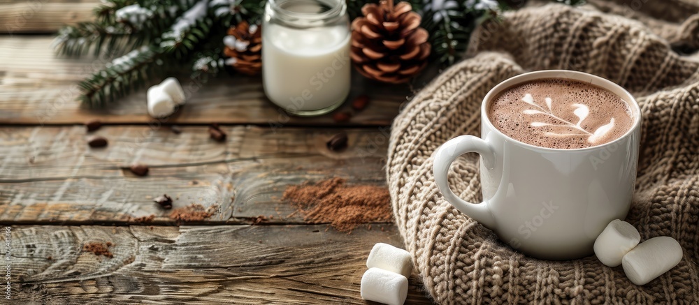 Poster an image featuring a white cup filled with a homemade cocoa drink typically enjoyed during winter ho