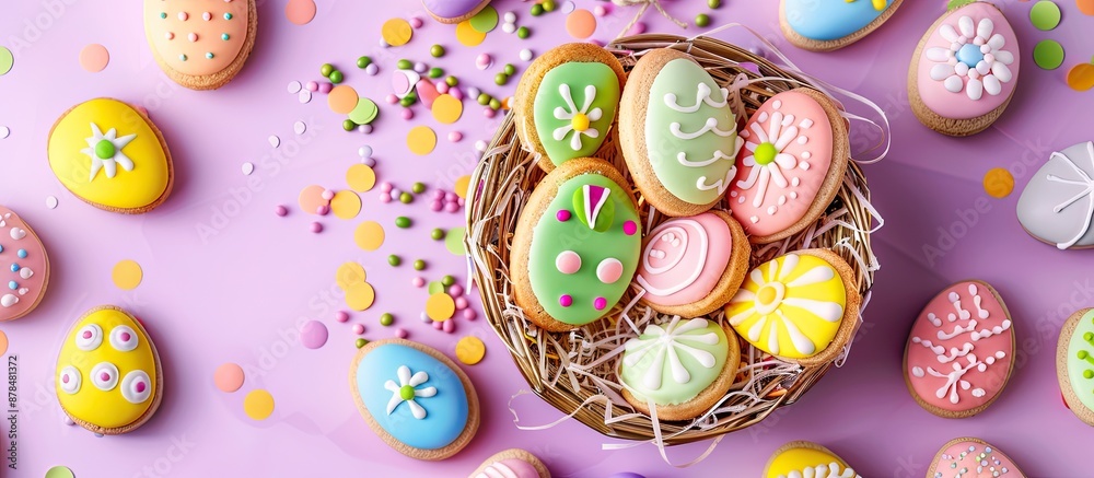 Poster easter-themed cookies in a basket surrounded by vibrant easter eggs on a colorful background, emphas
