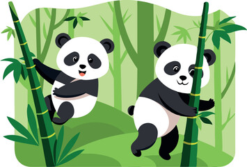 Naklejka premium Cute panda illustration with two playful pandas climbing bamboo in a lush green forest