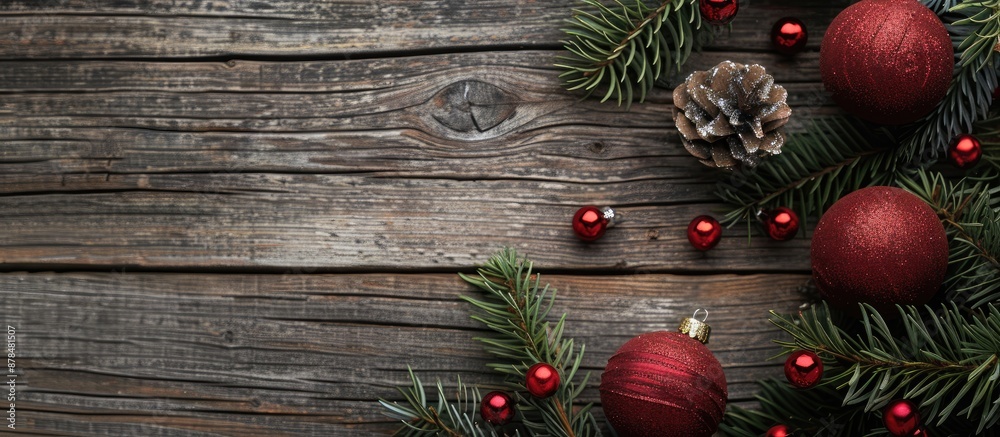 Poster Festive Christmas-themed items like ornaments and an evergreen branch displayed on a wooden backdrop with copy space image available.