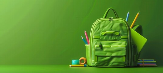 A green backpack with a bunch of school supplies on it
