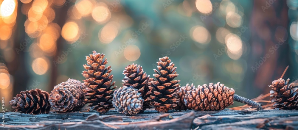Poster Choose to focus on pine cones displayed on a wooden surface in a forest setting with space for additional text or elements in the image.