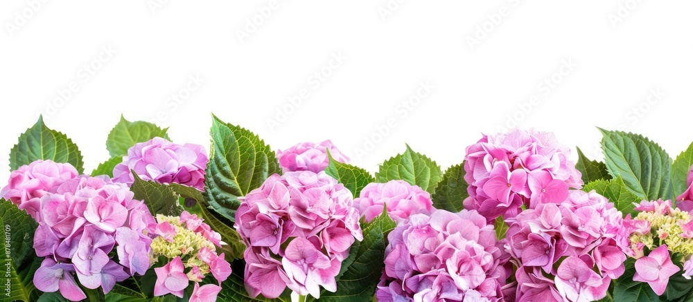 Poster border of hortensia flowers on a white background with copy space image.