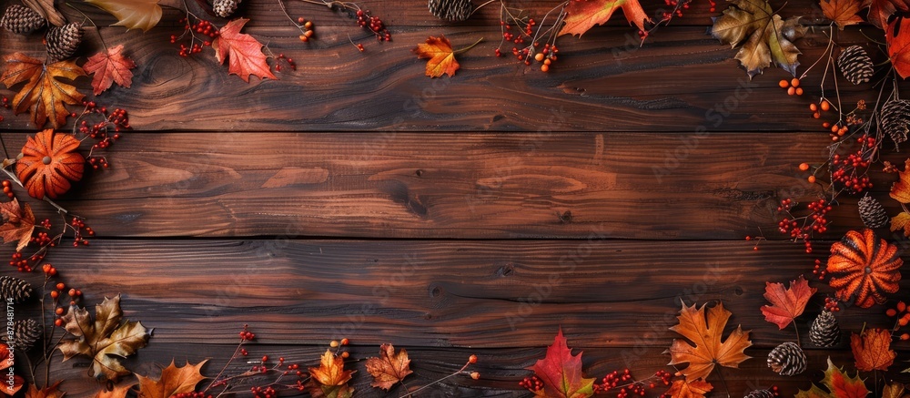 Poster fall-themed decor on the rustic wooden backdrop featuring copy space image.
