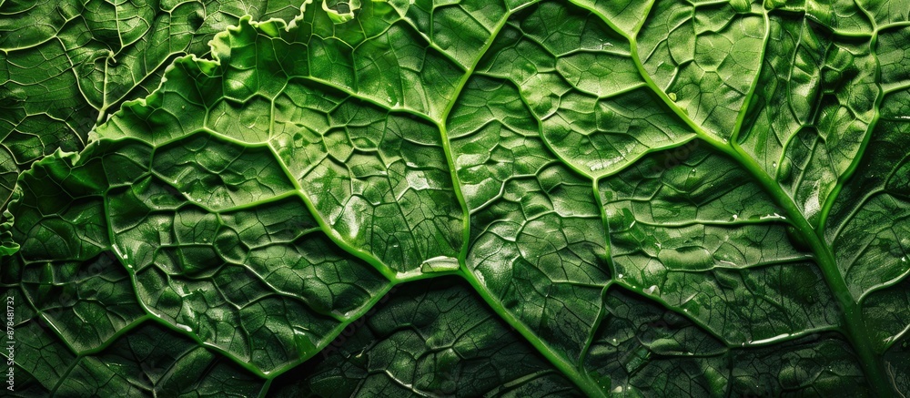 Poster close-up shot of a crinkled green savoy cabbage leaf, ideal as a food background with selected focus