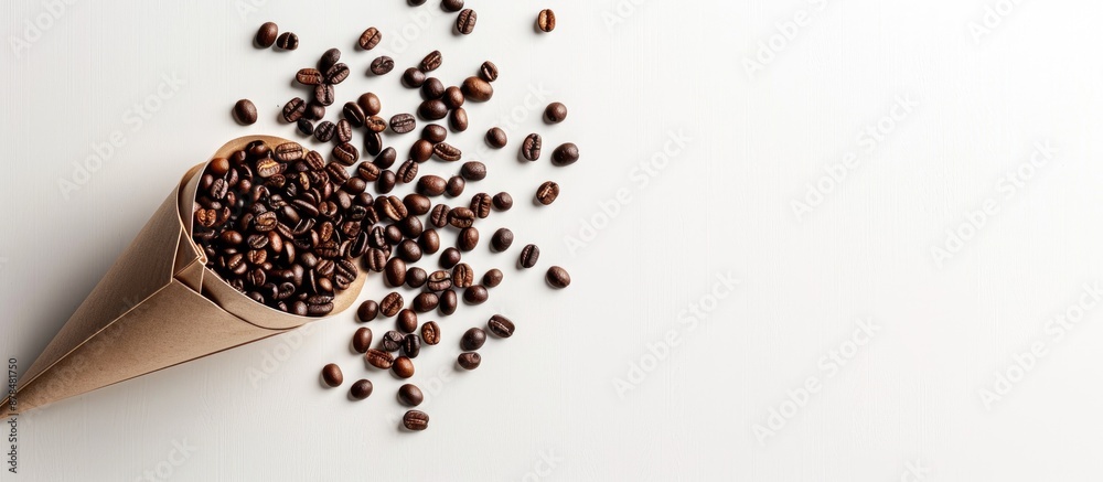 Aufkleber displaying espresso coffee and beans creatively arranged on a paper cone cornucopia with a white bac