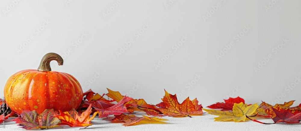 Poster Fall-themed image with a round ceramic pumpkin, colorful leaves on a table, against a white background for use as a mock-up with copy space.