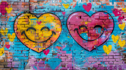 Obraz premium Yellow smiley face painted on an old wall in graffiti style.