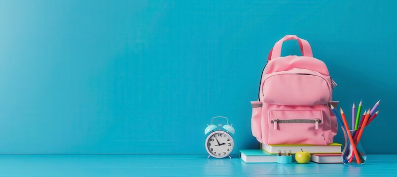 A pink backpack sits on a table next to a clock and a stack of books