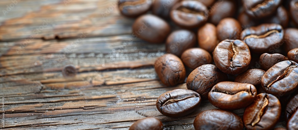 Poster close-up shot of tempting roasted coffee beans on a rustic wood backdrop, with ample copy space imag