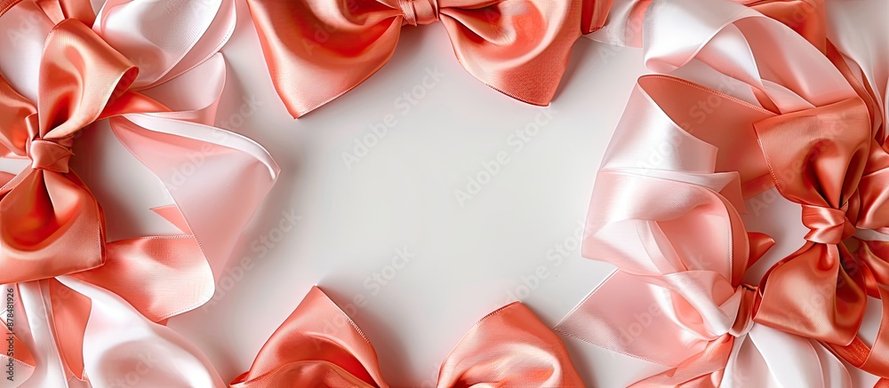 Poster coral-colored silk bows and ribbons in a set for gift wrapping with a white background for copy spac