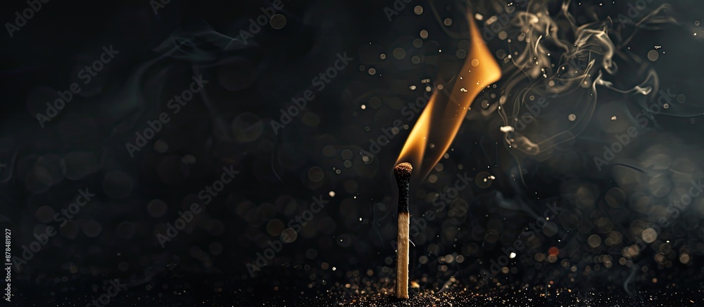 Poster Almost fully extinguished match on a close-up black background with copy space image.