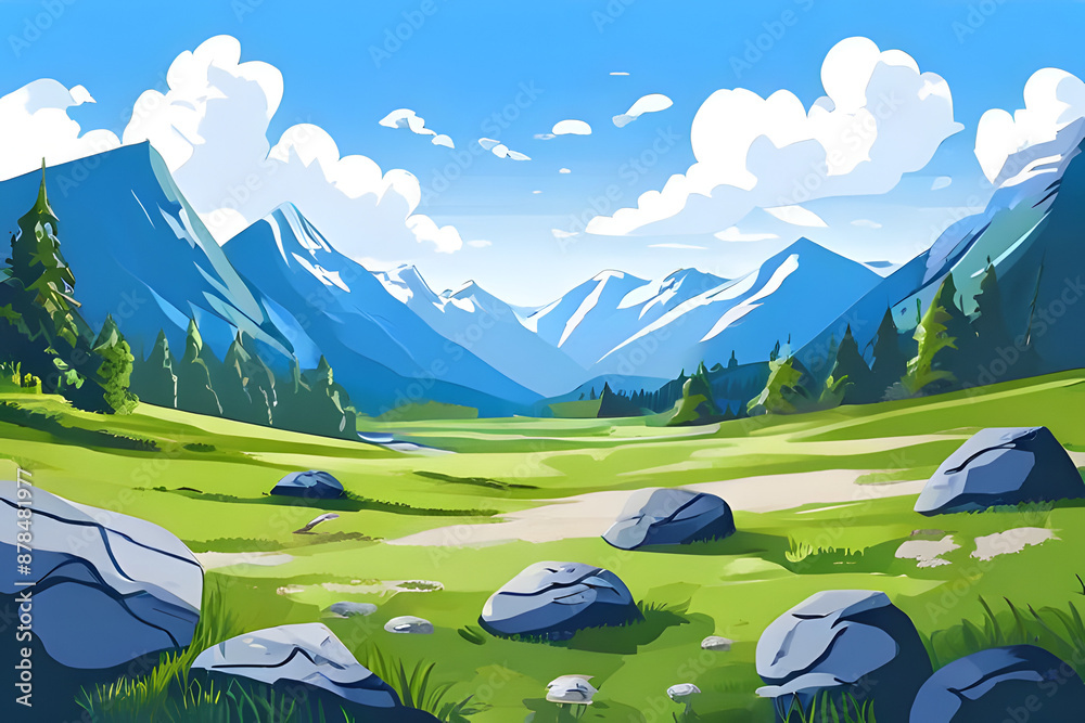 Sticker a verdant valley unfolds, cradled by majestic mountains. lush green grass carpets the landscape, dot