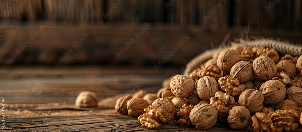 Aufkleber close-up view of a pile of walnuts on a wooden surface with ample copy space image.