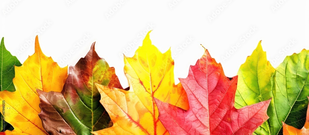 Poster colorful leaves set against a blank white background - ideal for your fall-themed project with copy 