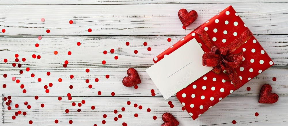 Poster Aerial view of a red polka-dot gift box on a white wooden backdrop with space for text. Includes a blank note and heart-shaped sequins. image with copy space