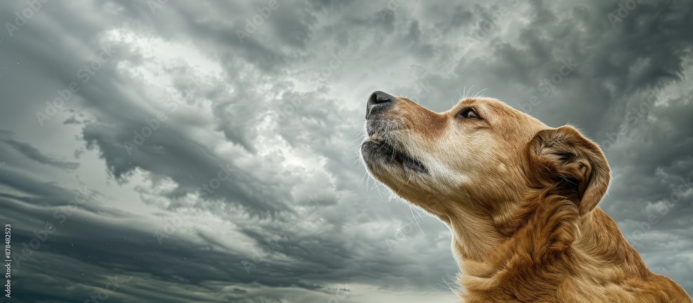 Aufkleber big dog with an open mouth looks away against a cloudy sky in the copy space image.
