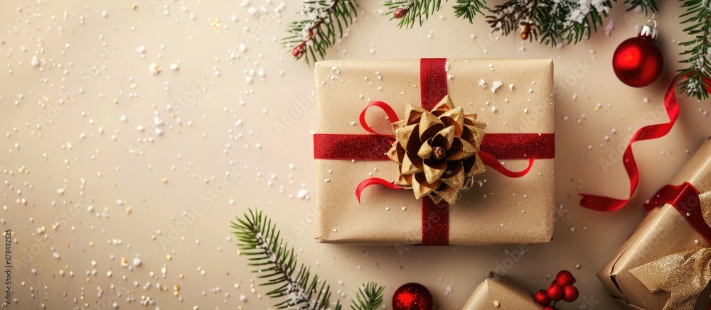 Aufkleber christmas present adorned with ribbon and space for adding text or images. image with copy space