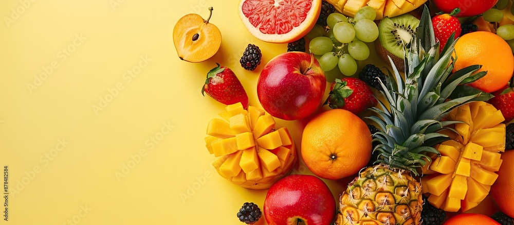 Poster Assorted fresh fruits displayed on a colorful background with copy space image.