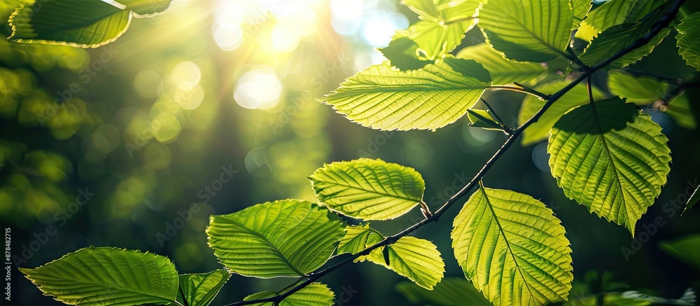 Poster closeup image of leaves in a sunlit forest during spring or early summer, conveying ecological and t