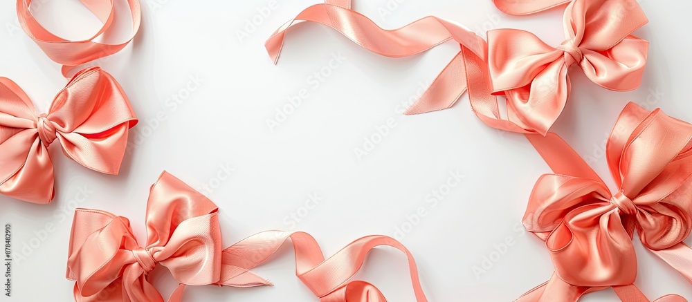 Poster coral-colored silk bows and ribbons in a set for gift wrapping with a white background for copy spac
