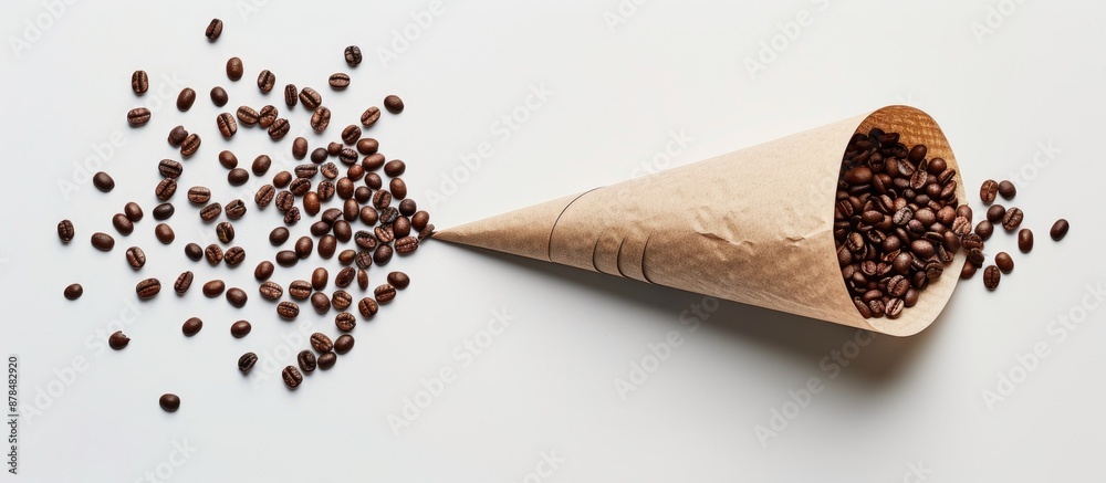 Poster Displaying espresso coffee and beans creatively arranged on a paper cone cornucopia with a white background, featuring ample copy space image.