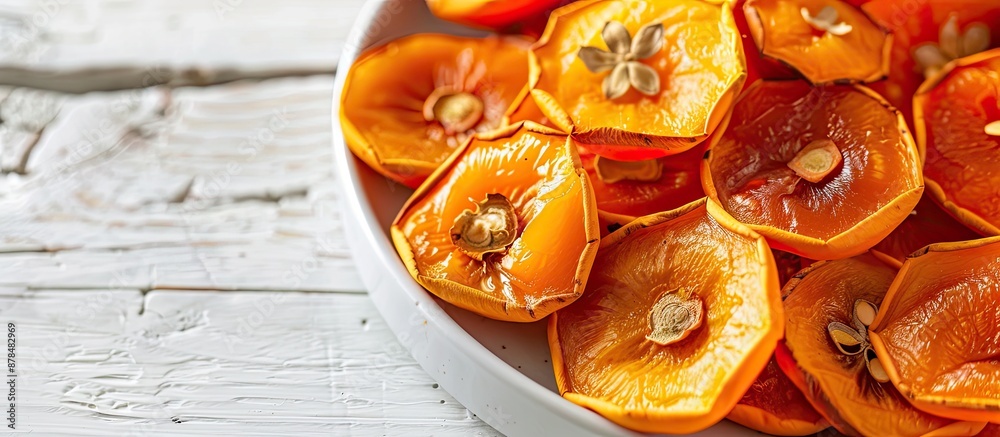Aufkleber Close-up of a plate displaying delicious dried persimmons on a white wooden table with room for text on the side. image with copy space