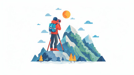 Fototapeta premium Adventure Travel Photography Concept: 3D Flat Icon with GoPro Camera, Mountain View, and Tripod Copy Space Included