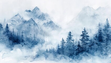 Misty Mountains with Pine Trees in Watercolor Illustration, Featuring a White Background and Blue Color Scheme. Blurred Effect to Convey Mystery in Nature, in the Style of a Romantic Artist.