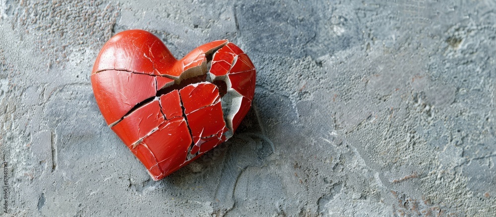 Poster Close-up image depicting a broken heart to symbolize divorce, with space for text against a gray background. image with copy space