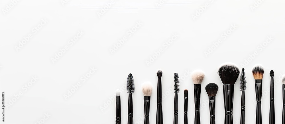 Poster Beauty makeup salon's professional make-up brushes displayed against a white backdrop with a panoramic view. Includes a flat lay layout with copy space image.