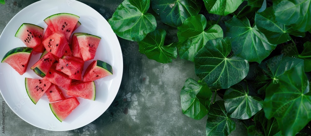 Poster an overhead view of watermelon slices on a white plate next to a green leafy plant outdoors, with ro