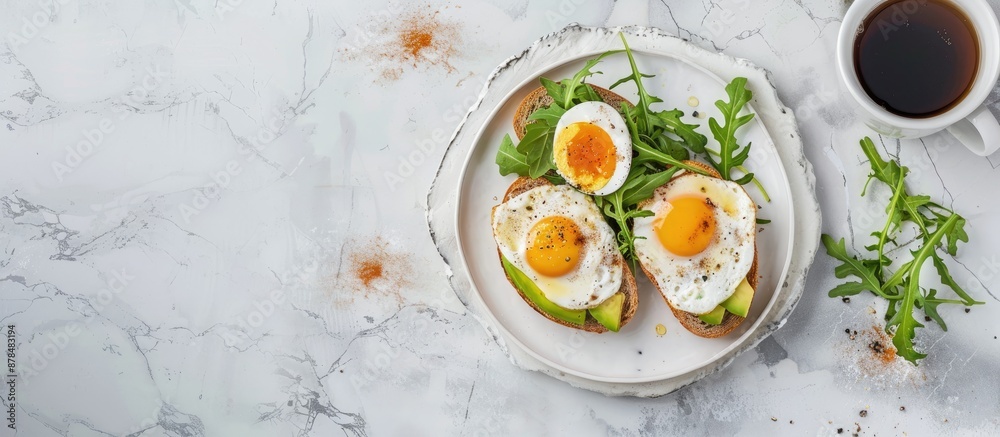 Poster an appetizing vegan breakfast featuring baked avocado with egg and arugula salad on toast displayed 