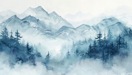 Misty Mountains with Pine Trees in Watercolor Illustration, Featuring a White Background and Blue Color Scheme. Blurred Effect to Convey Mystery in Nature, in the Style of a Romantic Artist.