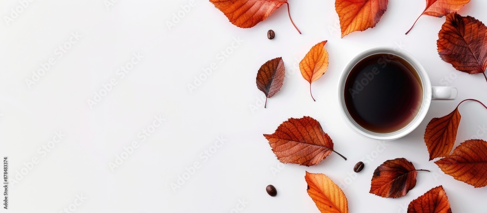 Aufkleber coffee cup with autumn leaves next to it on white background, providing empty space for text or imag