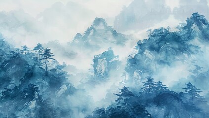 Misty Mountains with Pine Trees in Watercolor Illustration, Featuring a White Background and Blue Color Scheme. Blurred Effect to Convey Mystery in Nature, in the Style of a Romantic Artist.