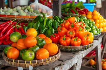 Vibrant Market Stall Overflowing with Fresh Citrus Fruits and Colorful Bell Peppers