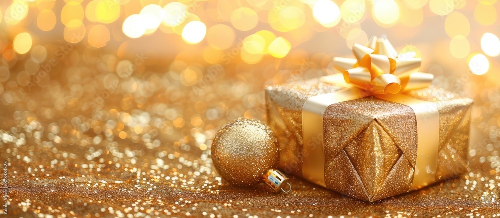Poster christmas golden bauble and gift on a festive gold paper backdrop, close-up with room for text or gr